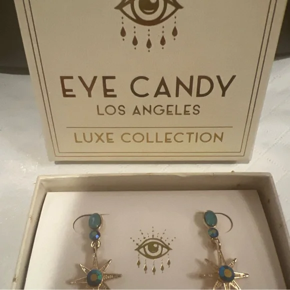 Eye Candy Gold Star and Moon Earrings with Blue Crystals - Picture 4 of 4